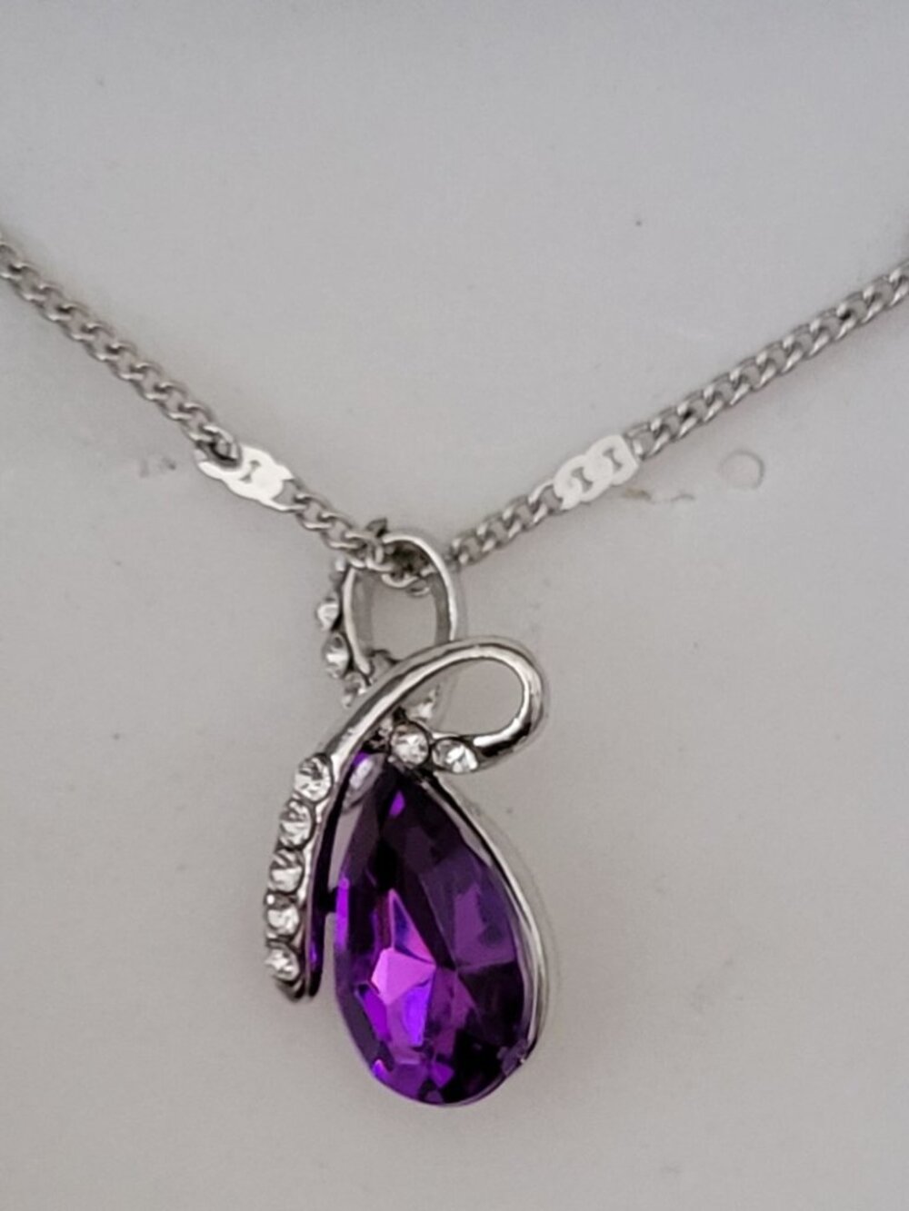 Purple Teardrop Encased in Rhinestones on Silver Necklace